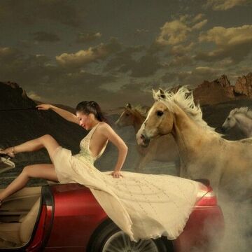Фотомонтаж &quot;Девушка, авто и кони&quot; (Обложка открытки)