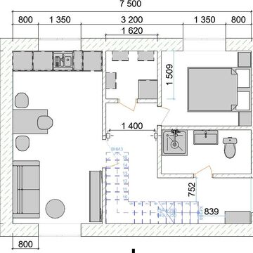 Двухэтажный дом. 1 этаж 40,8 кв. м. Планировка интерьера.(лестница от входа)