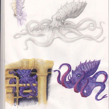 Концепт-арт головоногого моллюска (карандаш, акварель)