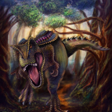 Динозавр T-Rex на охоте в лесу